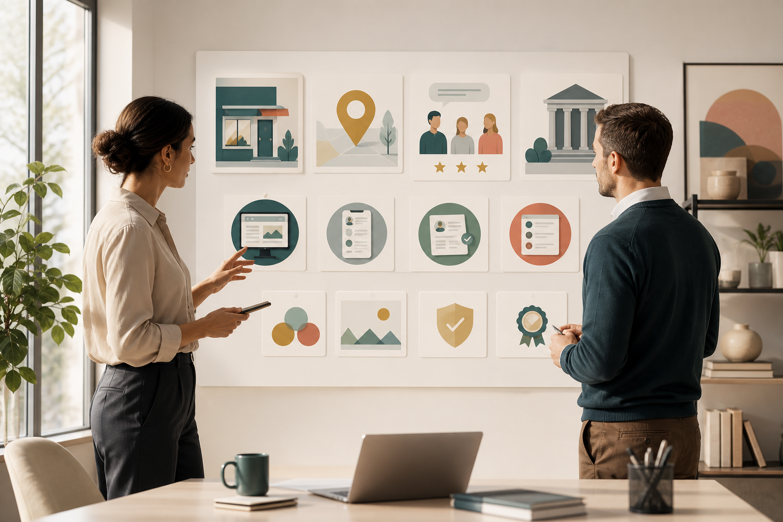 Business owner and consultant reviewing service, location, proof, and trusted-source cards for entity consistency