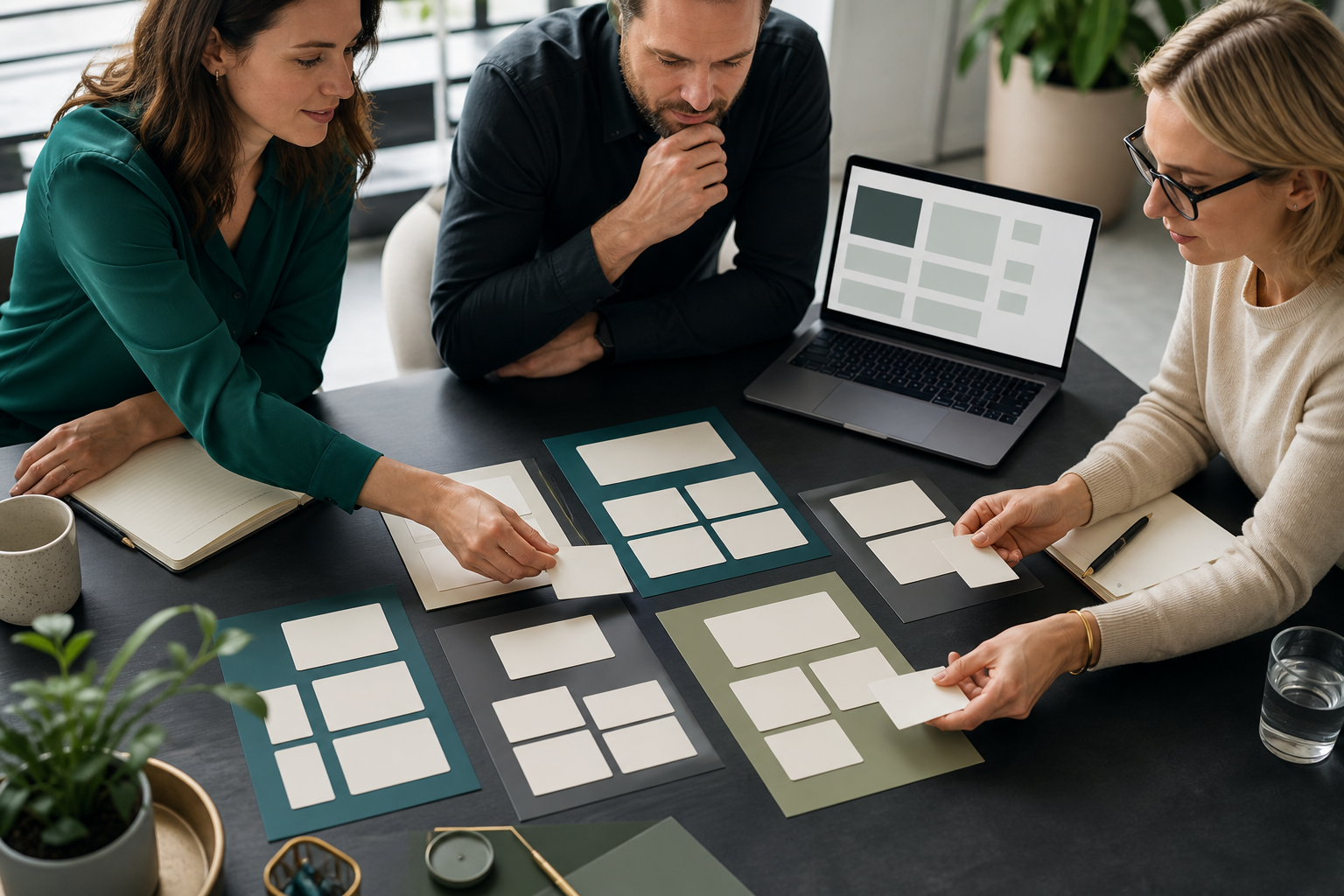 Small business team arranging blank content cards into buyer question evidence blocks
