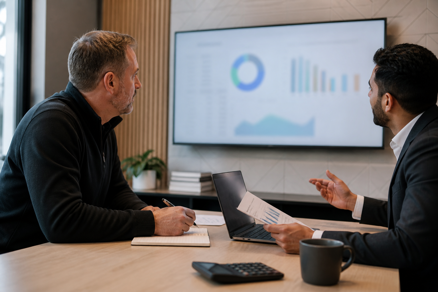 Business owner and consultant reviewing blurred automation pilot results