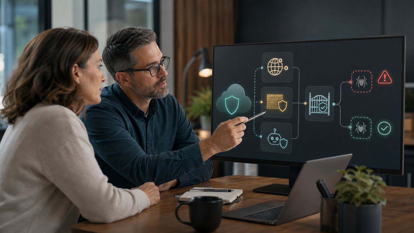 Business owner and IT advisor reviewing abstract CDN and bot protection settings for AI crawler access