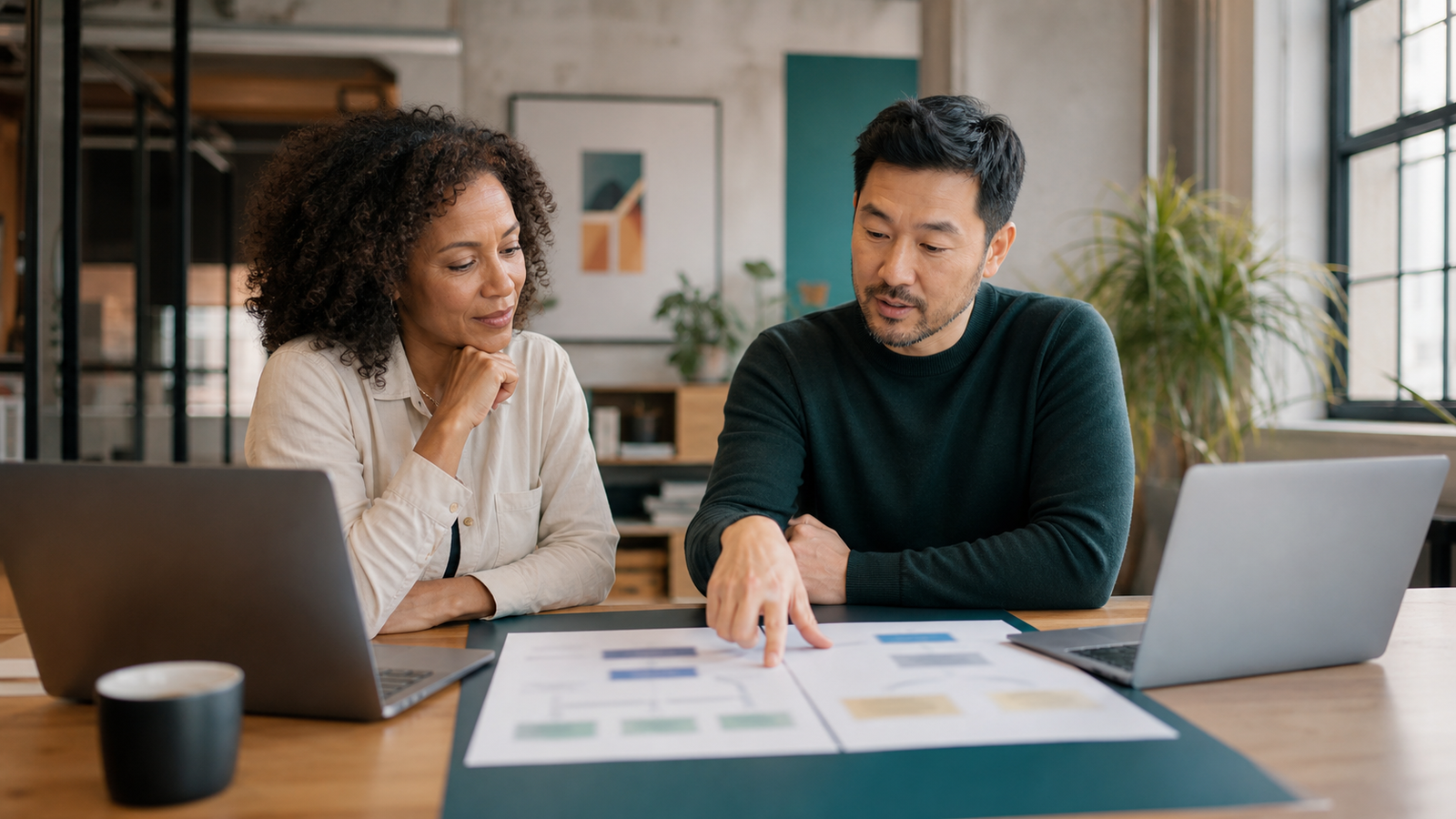 Small business owner and operations lead comparing two AI assistant options for business automation workflows
