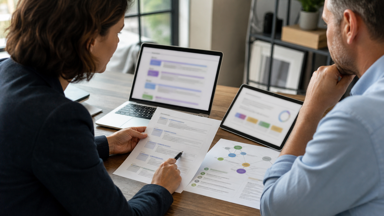 Business owner and advisor reviewing abstract citation and proof signals for AI search visibility