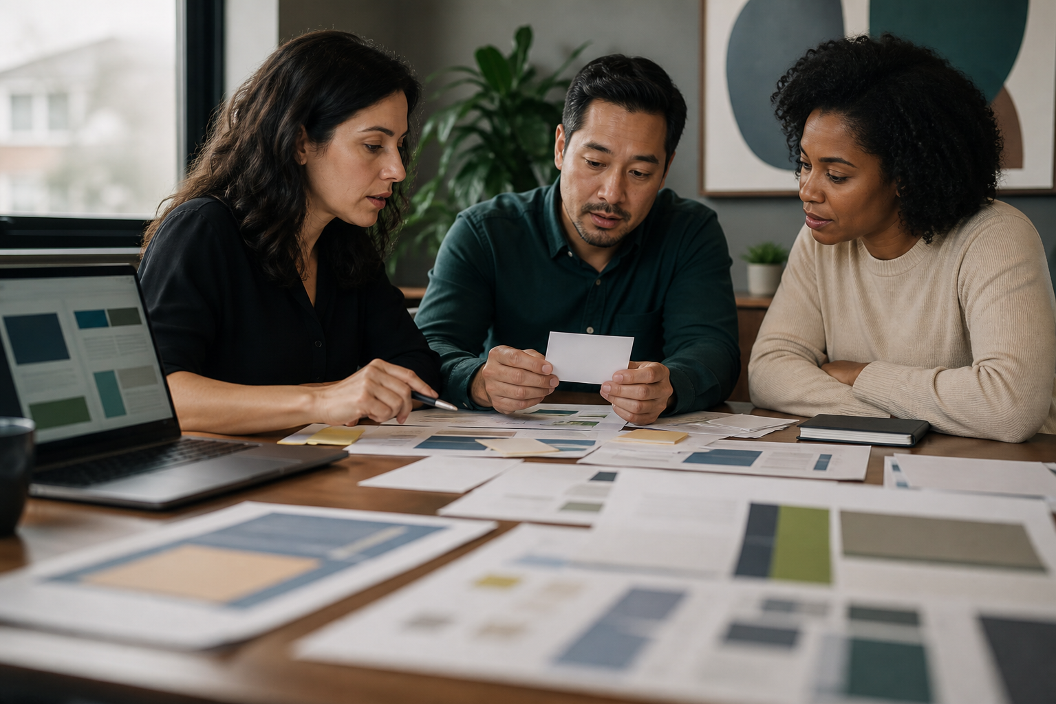 Small business team reviewing source quality and proof points with unreadable documents