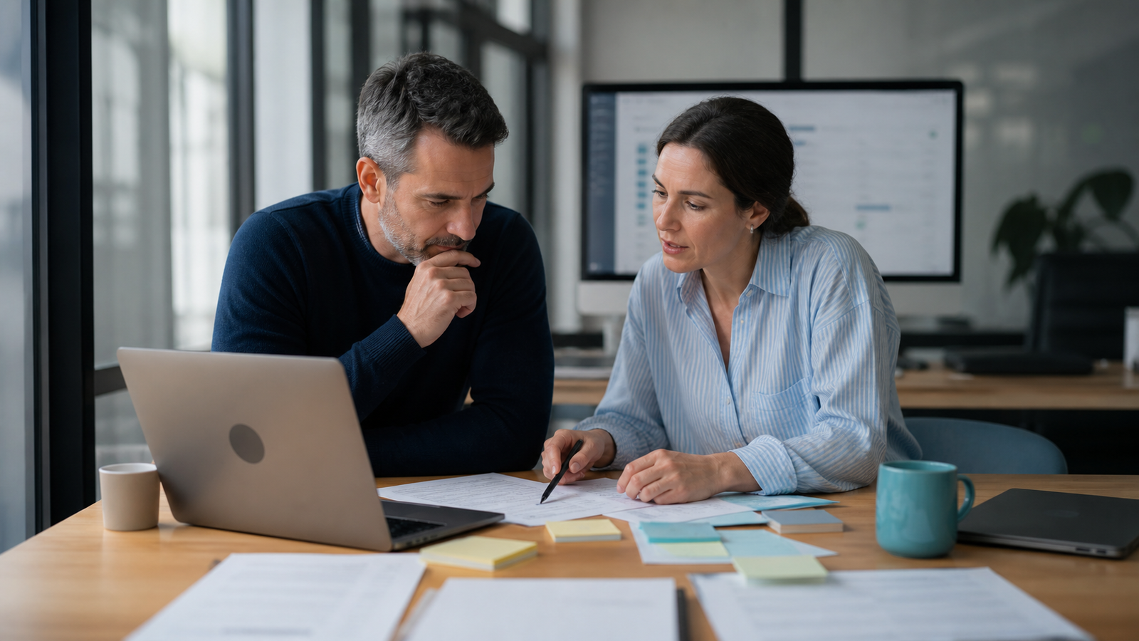 Small business owner and office manager cleaning client intake data before an AI workflow pilot