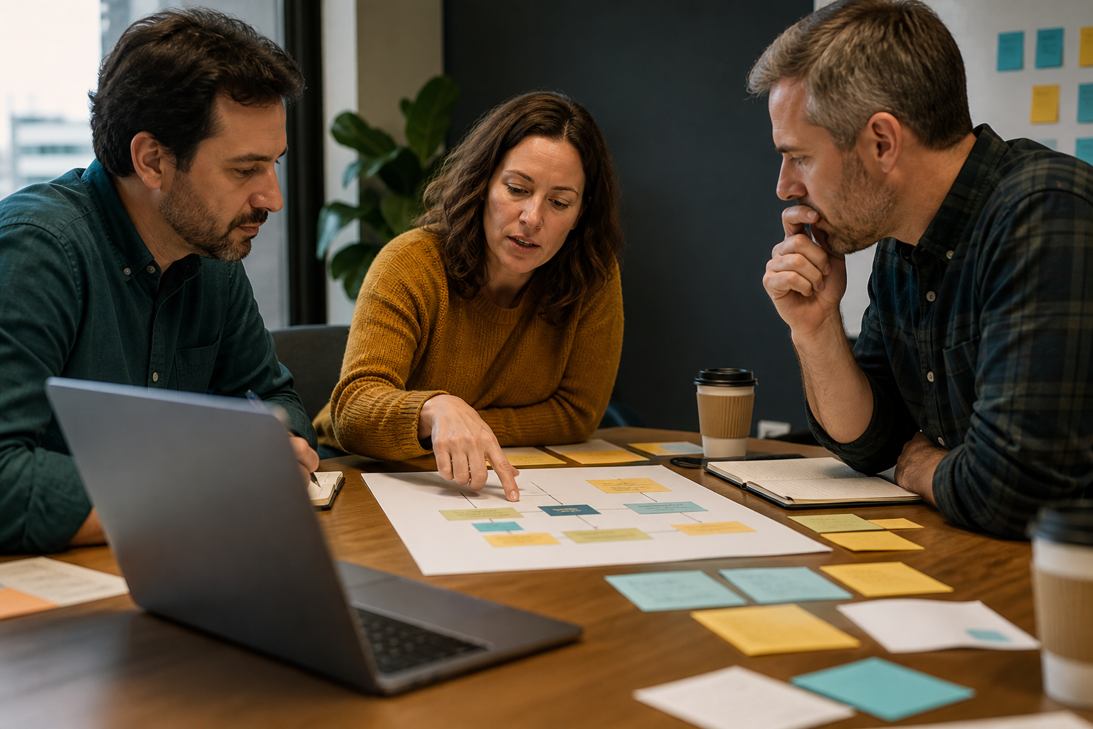 Small business team reviewing consultant discovery questions with abstract workflow cards
