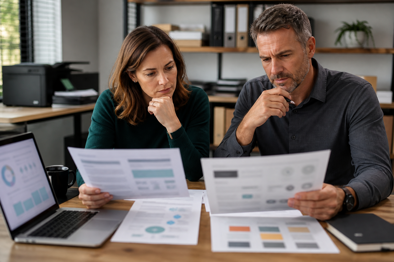 Small business owner reviewing blurred consultant proof and abstract project evidence before hiring