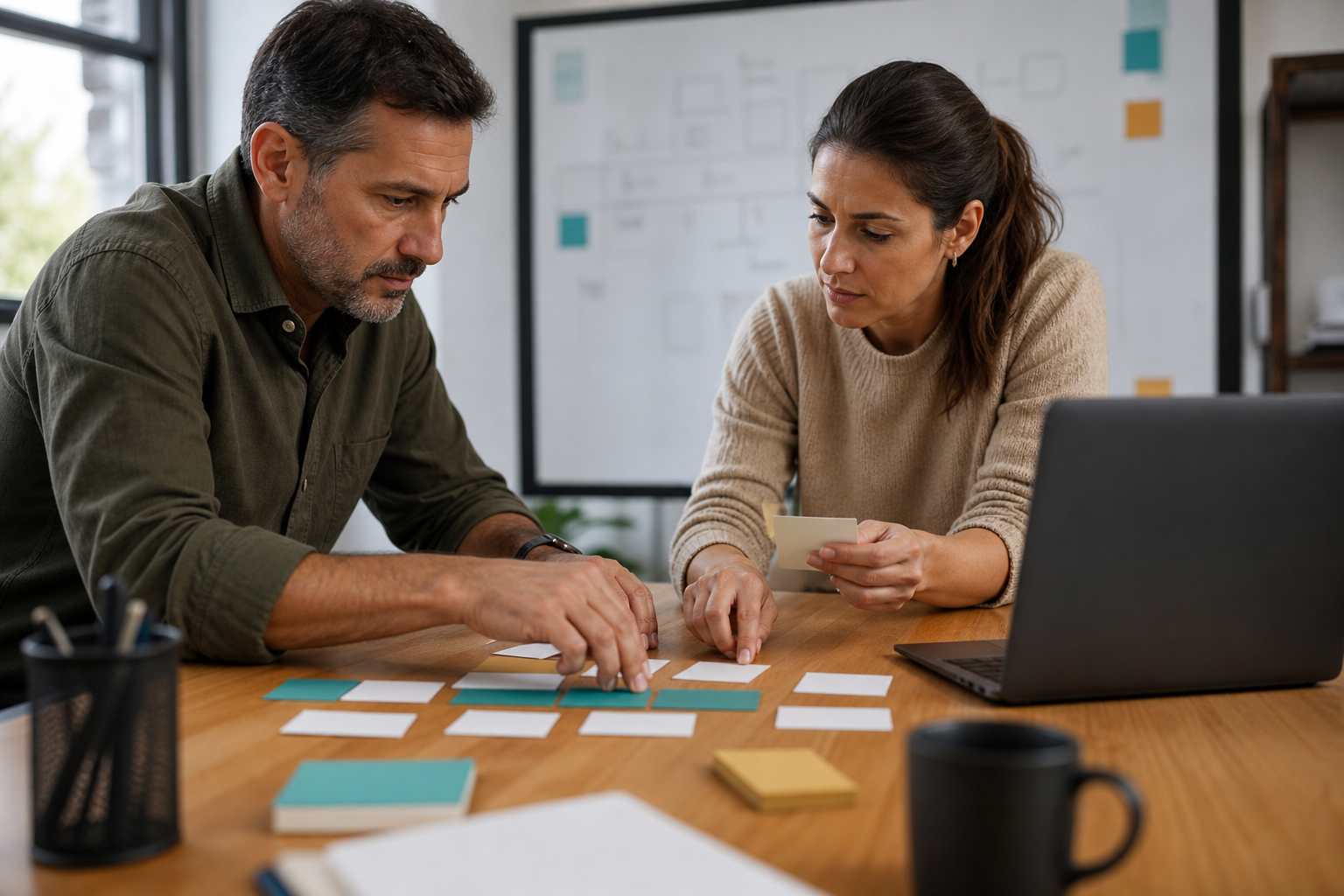 Small business team comparing AI automation consulting pricing models with blank workflow cards