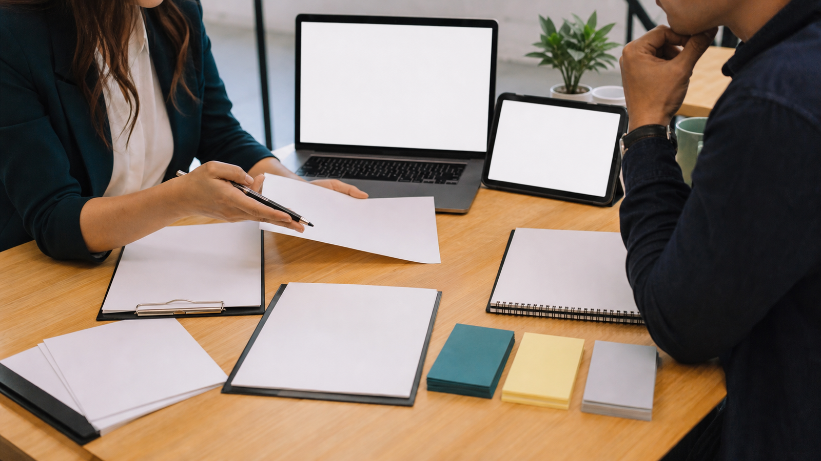 Business owner and consultant reviewing blank measurement materials for a query fan-out content brief