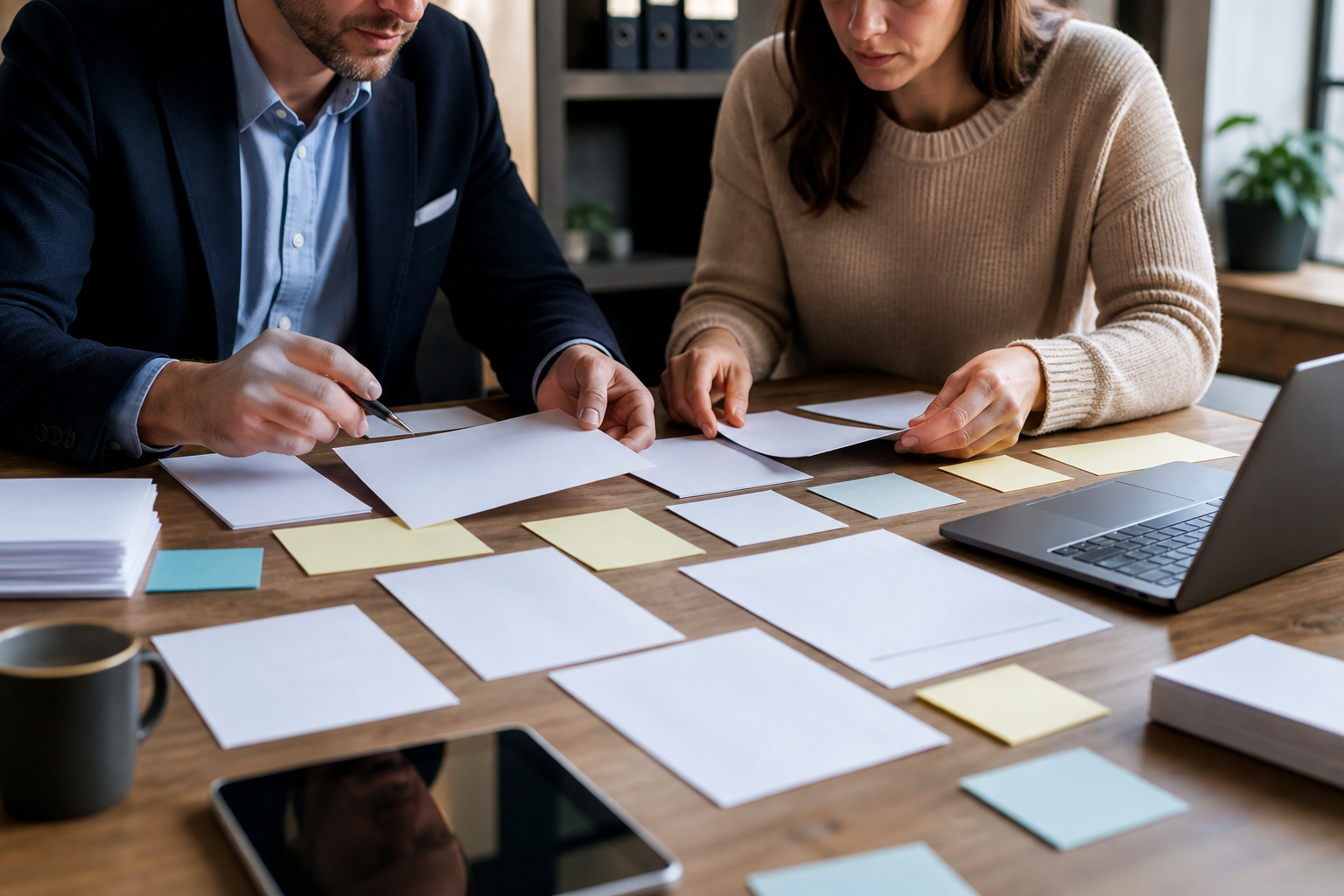 Small business owner and advisor organizing GEO service deliverables and content map materials