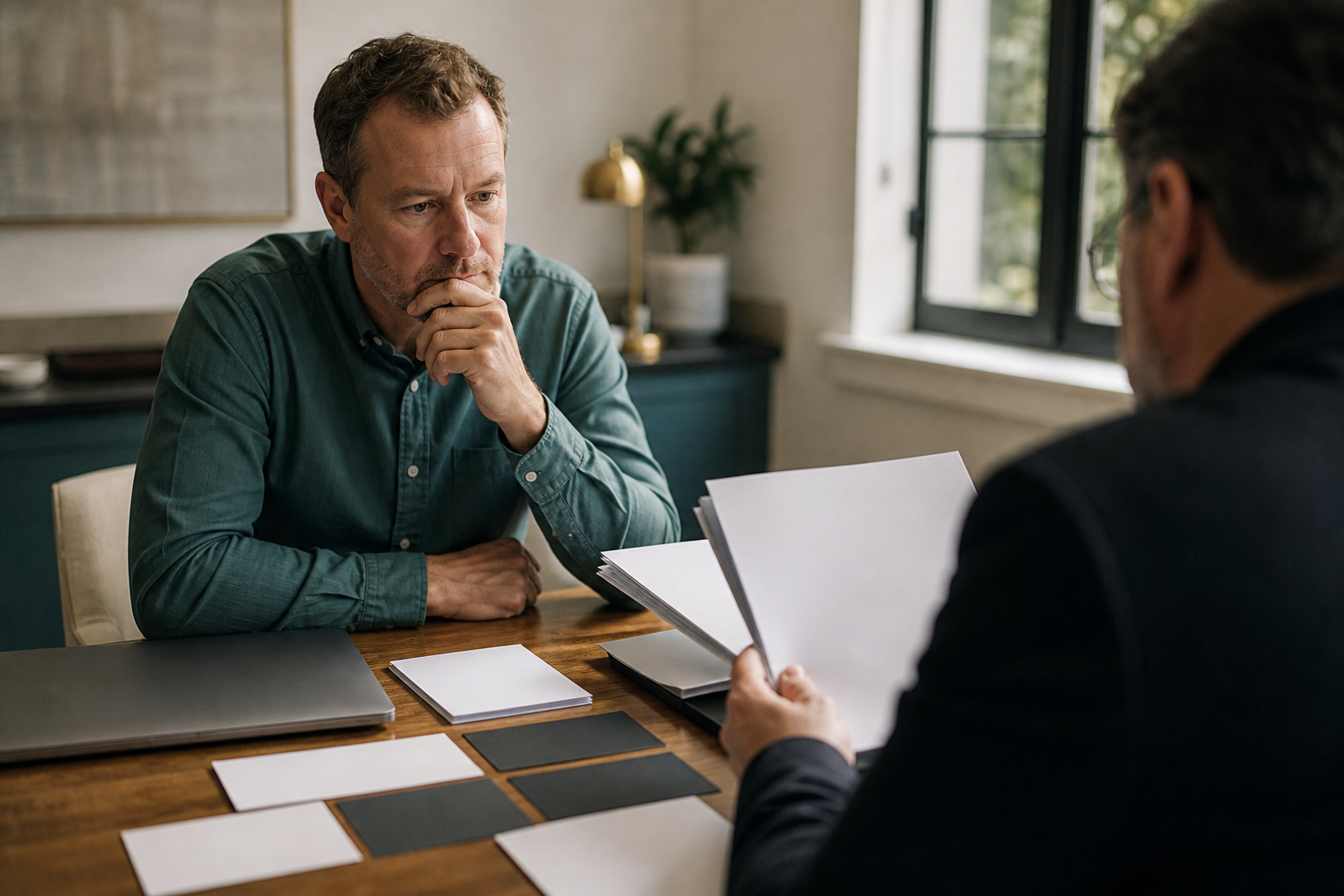 Small business owner reviewing an AI automation consulting proposal against workflow value