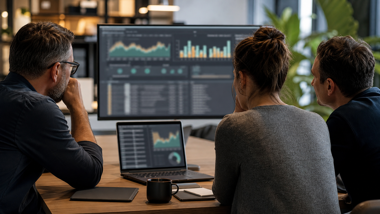 Small business team reviewing blurred crawler monitoring and search visibility dashboards