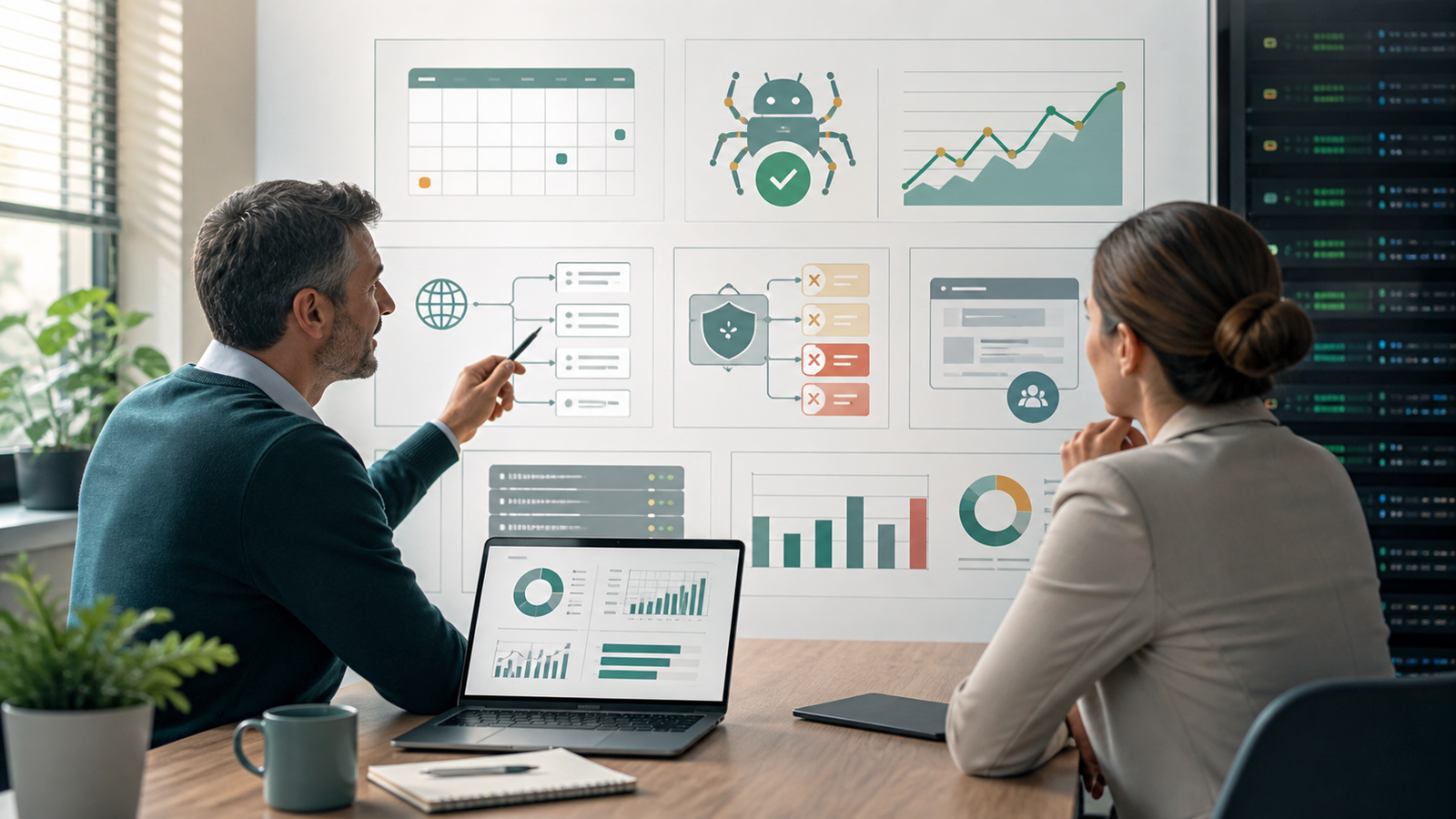 Business owner and advisor reviewing AI crawler policy monitoring for a public service website
