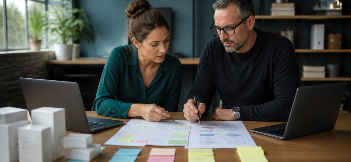 Small business leaders comparing custom AI automation with off-the-shelf AI tools during a workflow planning session