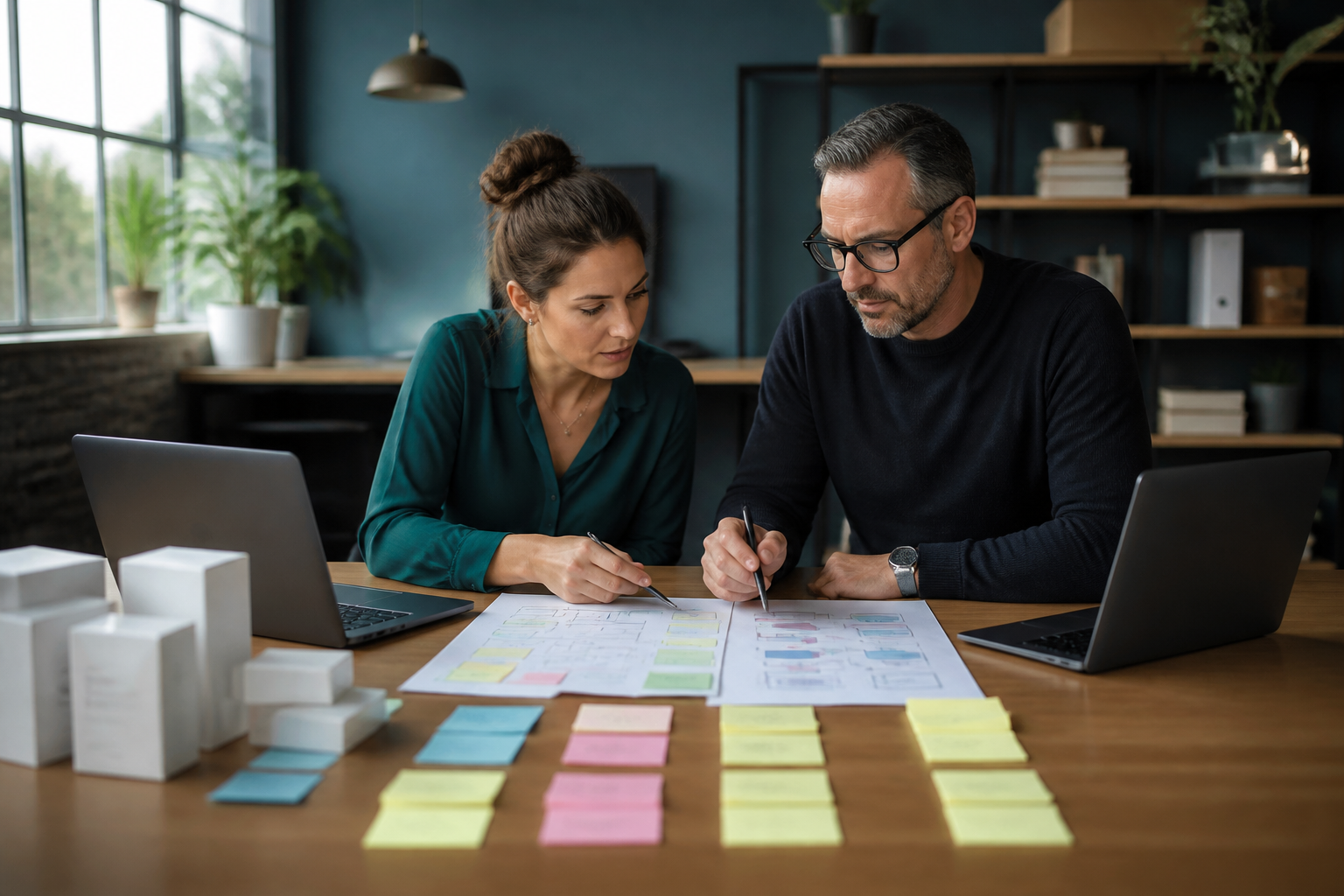 Small business leaders comparing custom AI automation with off-the-shelf AI tools during a workflow planning session
