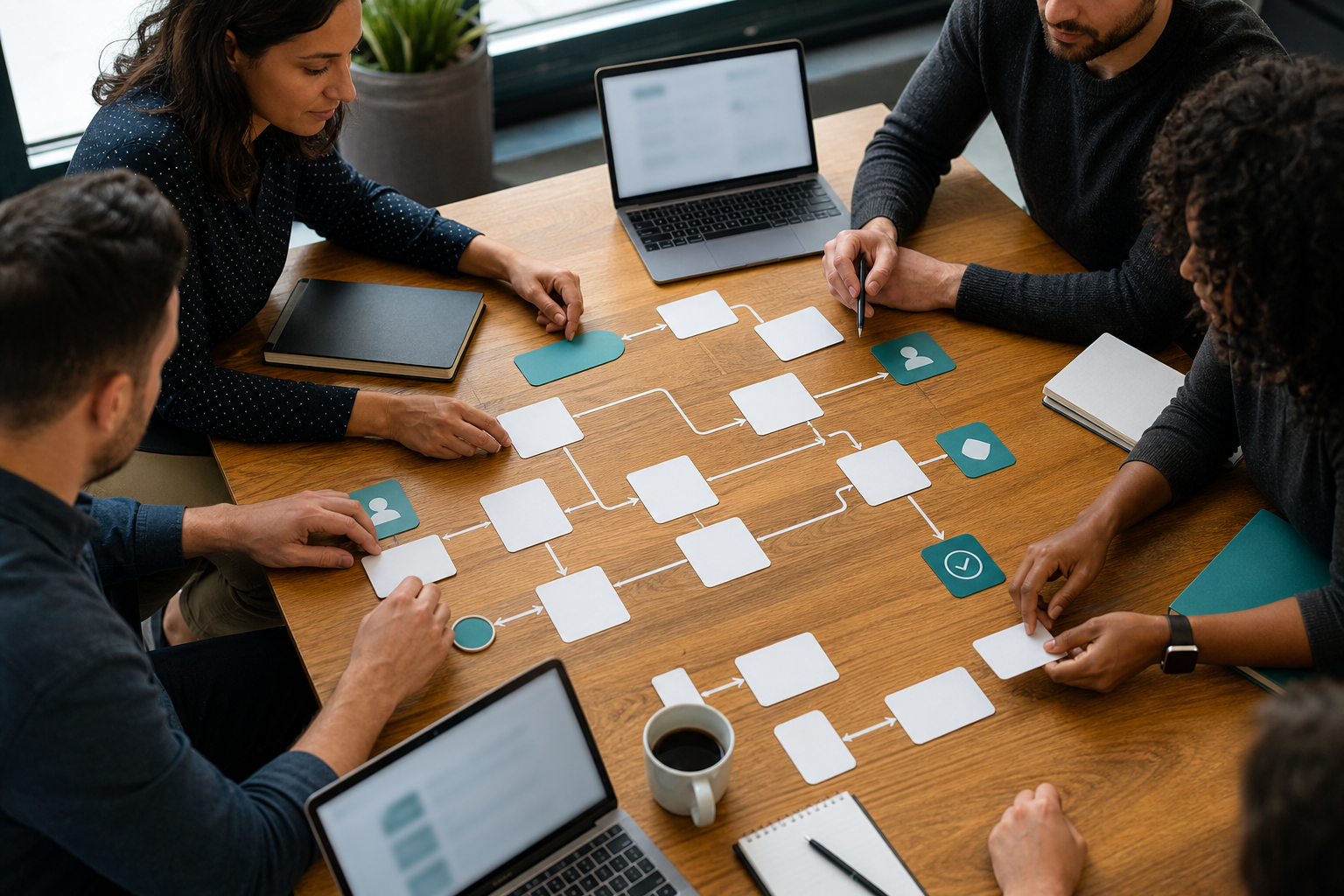 Small business operations team designing a custom AI automation workflow with blank process cards and unreadable laptop screens