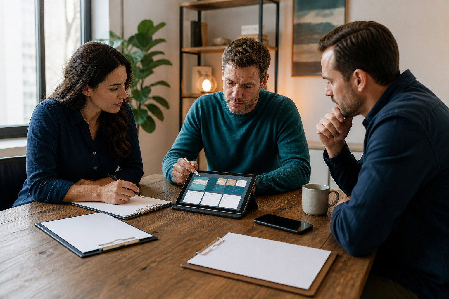 Professional services team reviewing blank intake cards before choosing an AI workflow pilot