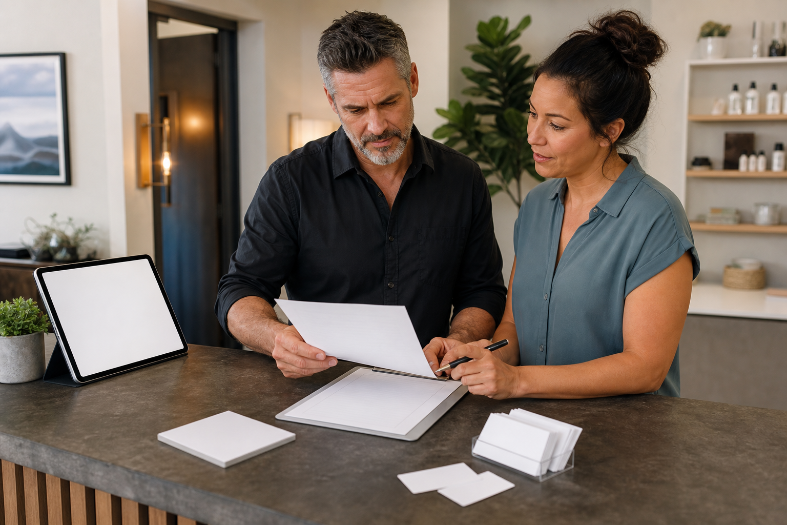 Small business team reviewing blank customer intake forms before an AI workflow pilot