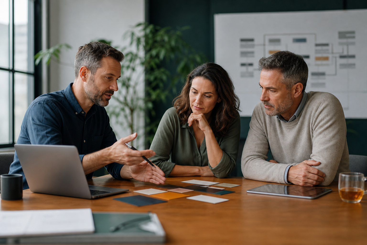 Small business owner and technical advisor discussing data access rules before connecting an AI assistant
