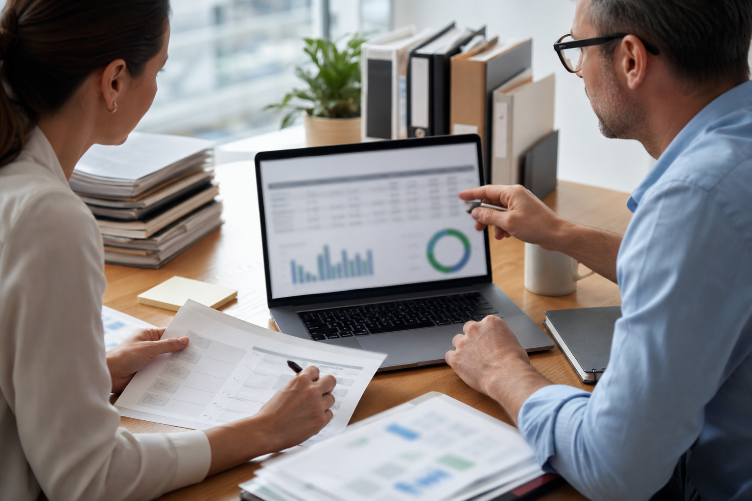 Small business owner and operations lead reviewing clean workflow inputs before an AI pilot