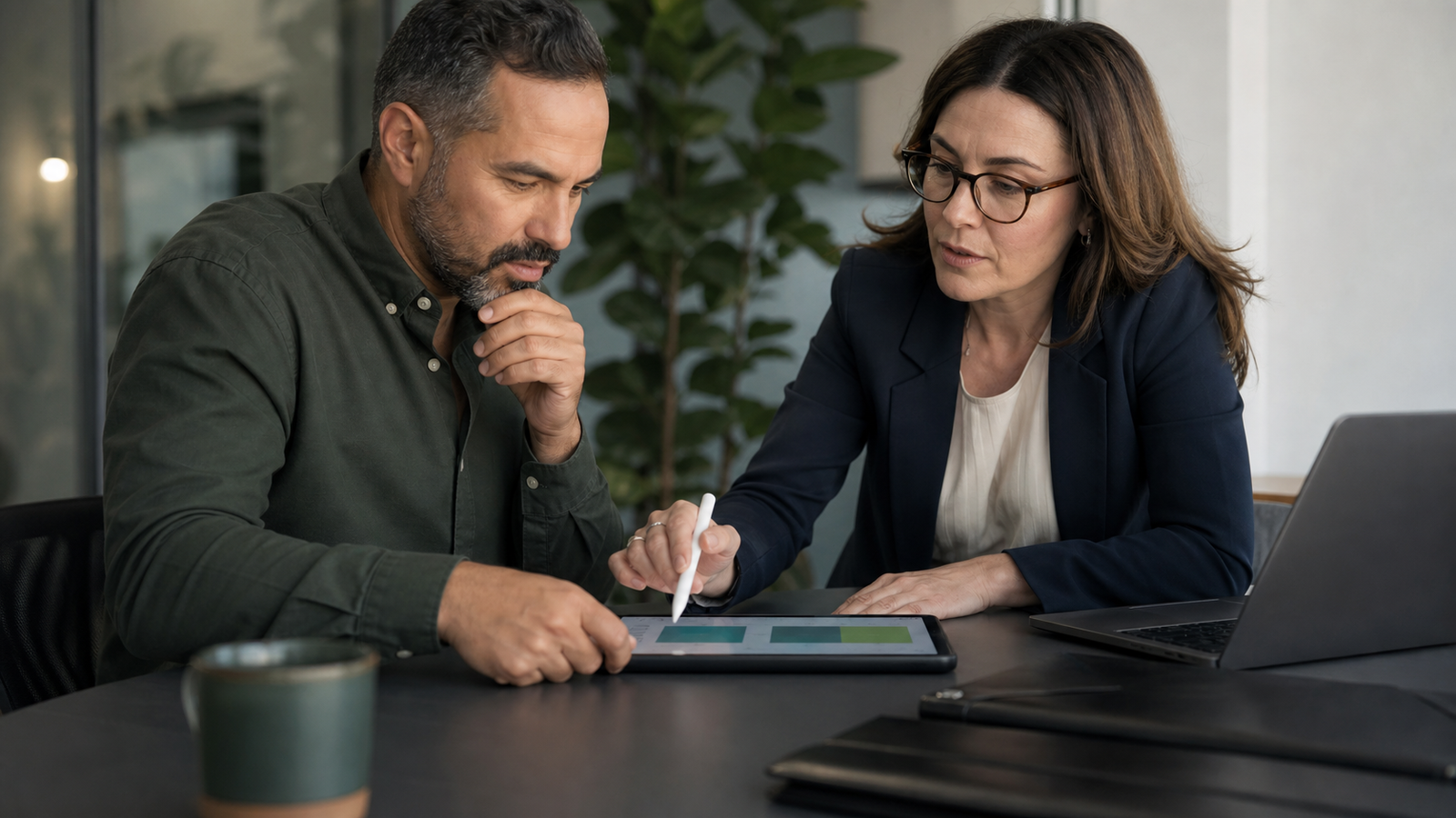 Small business owner and technical consultant reviewing data control before connecting AI tools to business systems