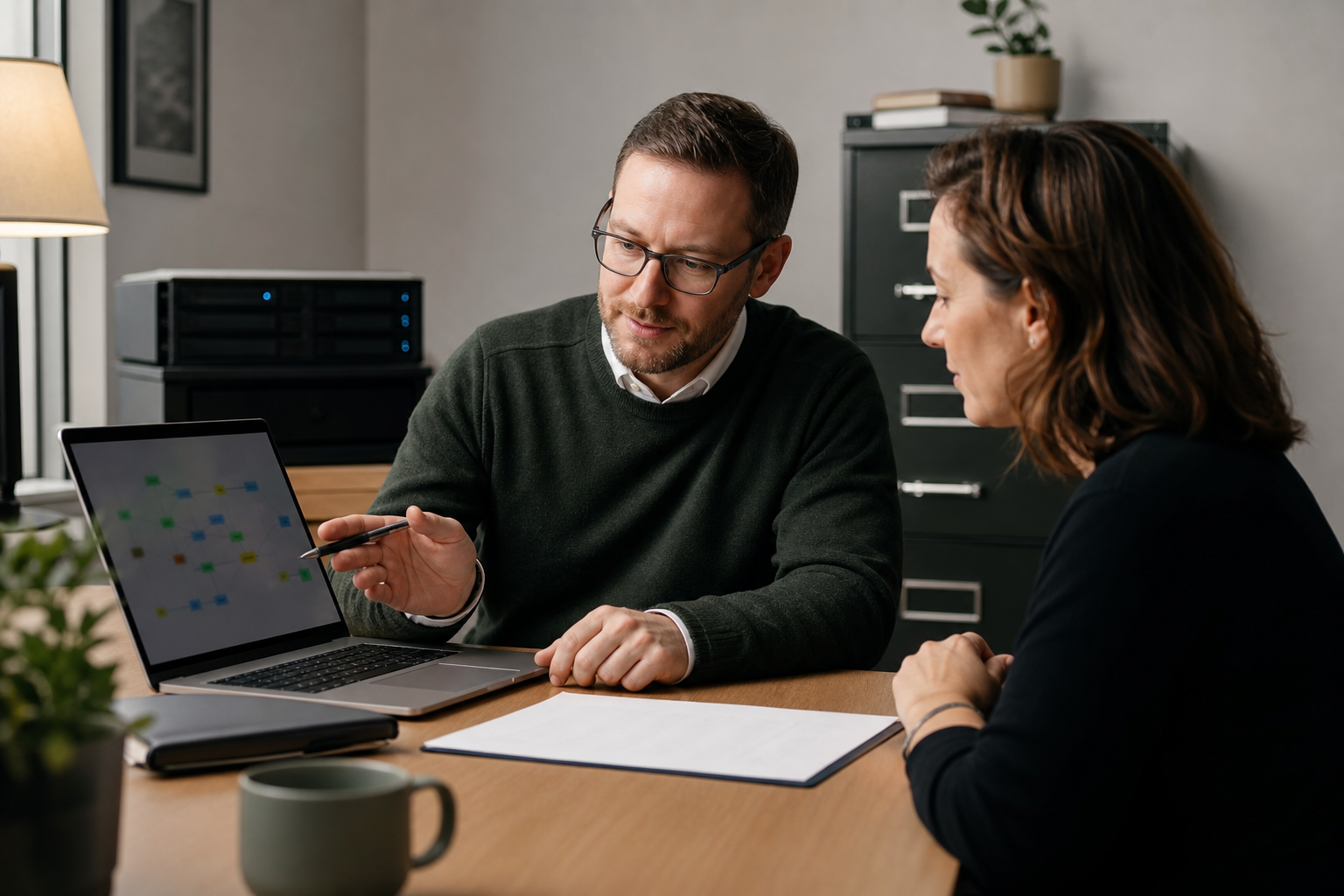 Technical operations consultant discussing data control and self-hosting tradeoffs with a small business owner