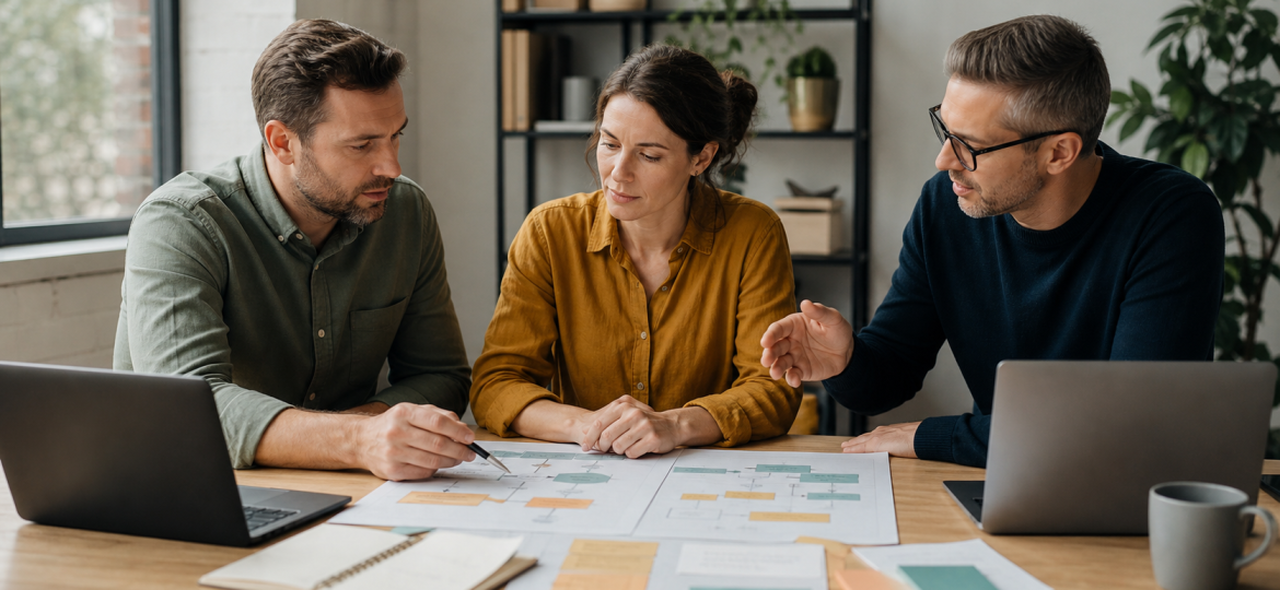 Small business owner and automation consultant reviewing workflow data readiness before AI automation