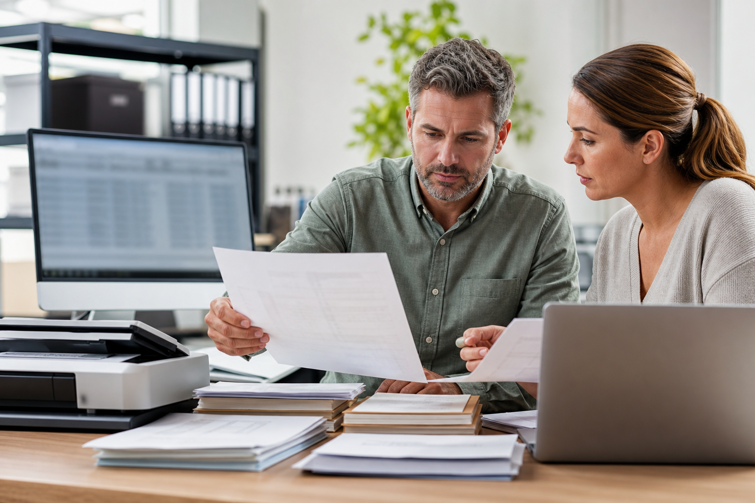 Small business owner and operations coordinator reviewing blurred documents and input sources before an AI automation pilot