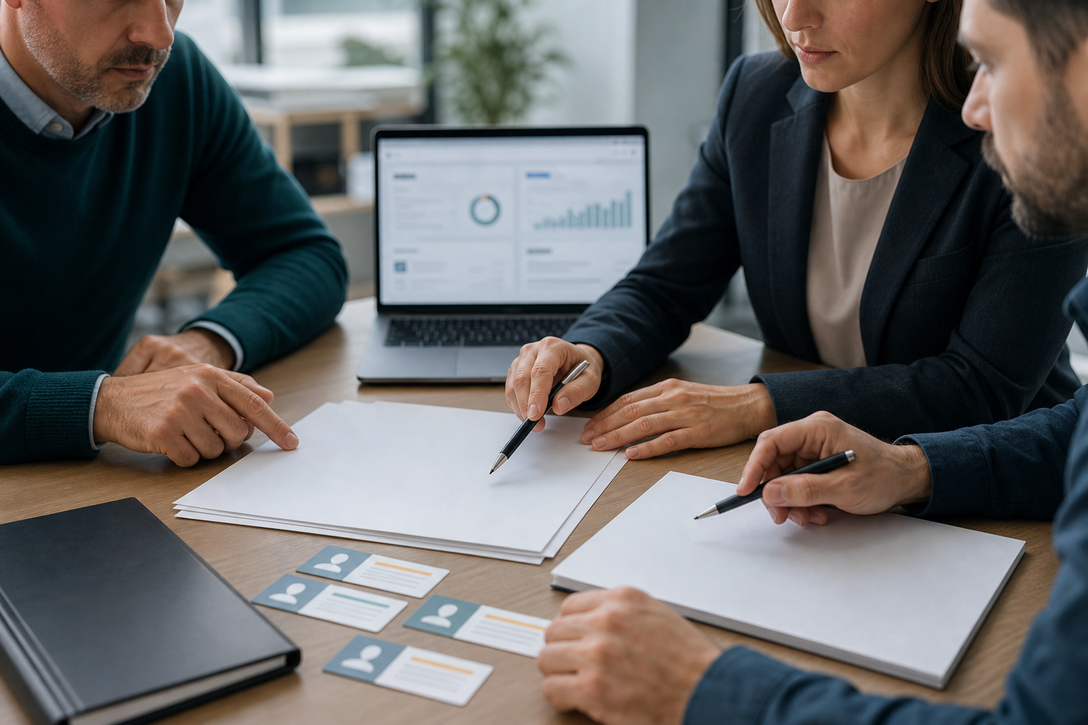 Small business owner and managers reviewing data readiness and workflow risk before choosing an AI automation path