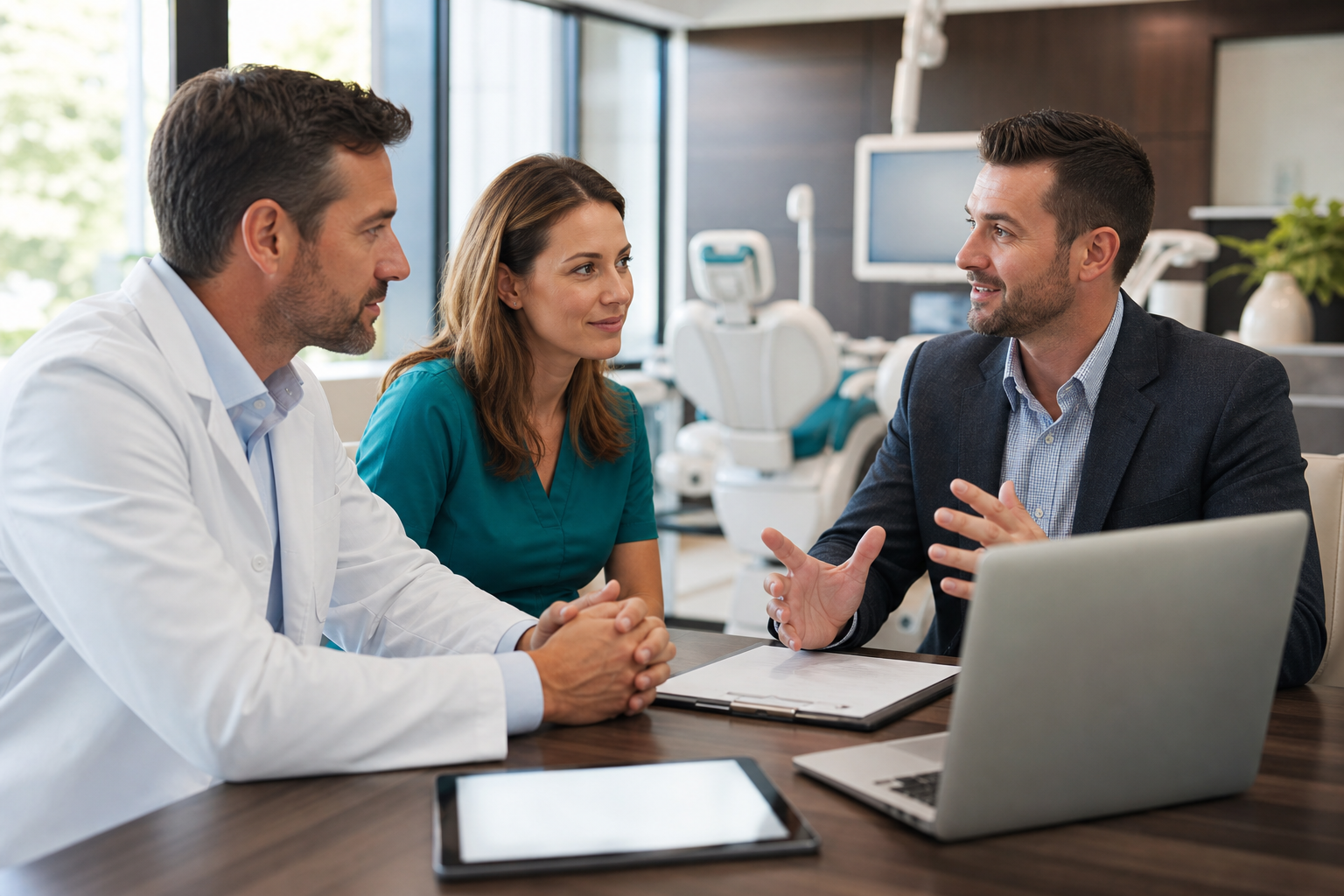 Dental practice owner and manager reviewing local AI search visibility readiness