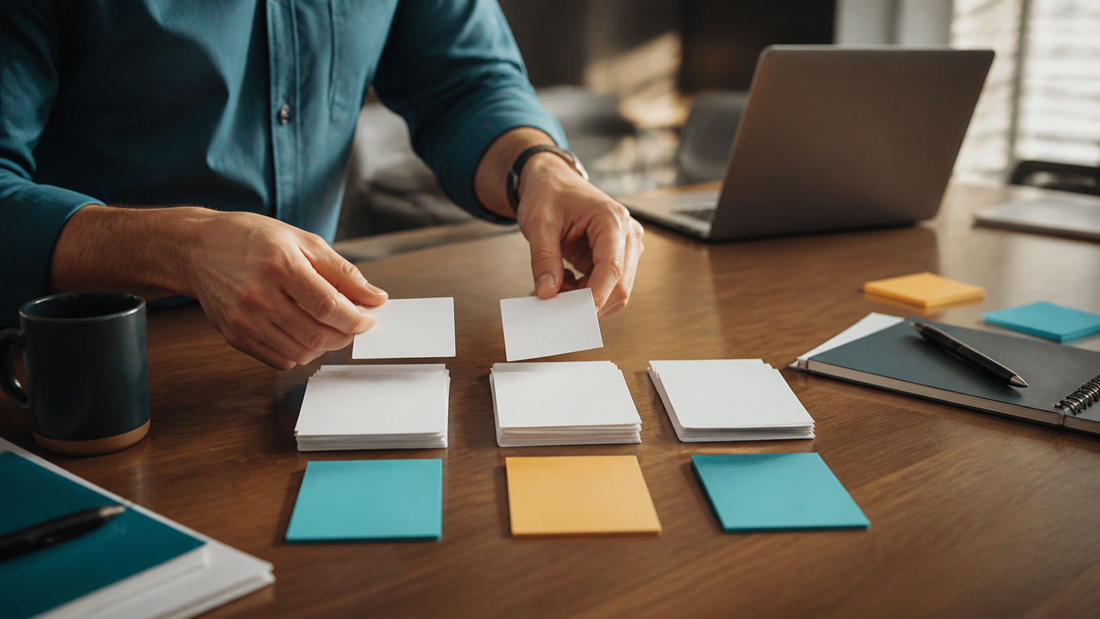 Small business owner sorting blank diagnostic cards into separate AI review groups
