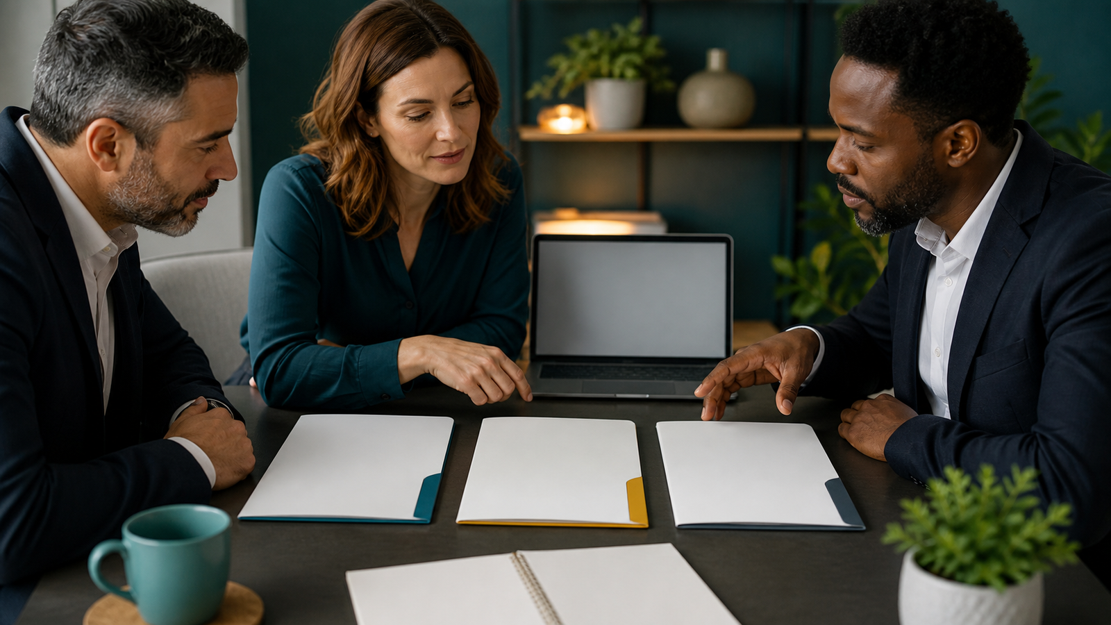 Business team reviewing three blank diagnostic folders before choosing the right AI assessment