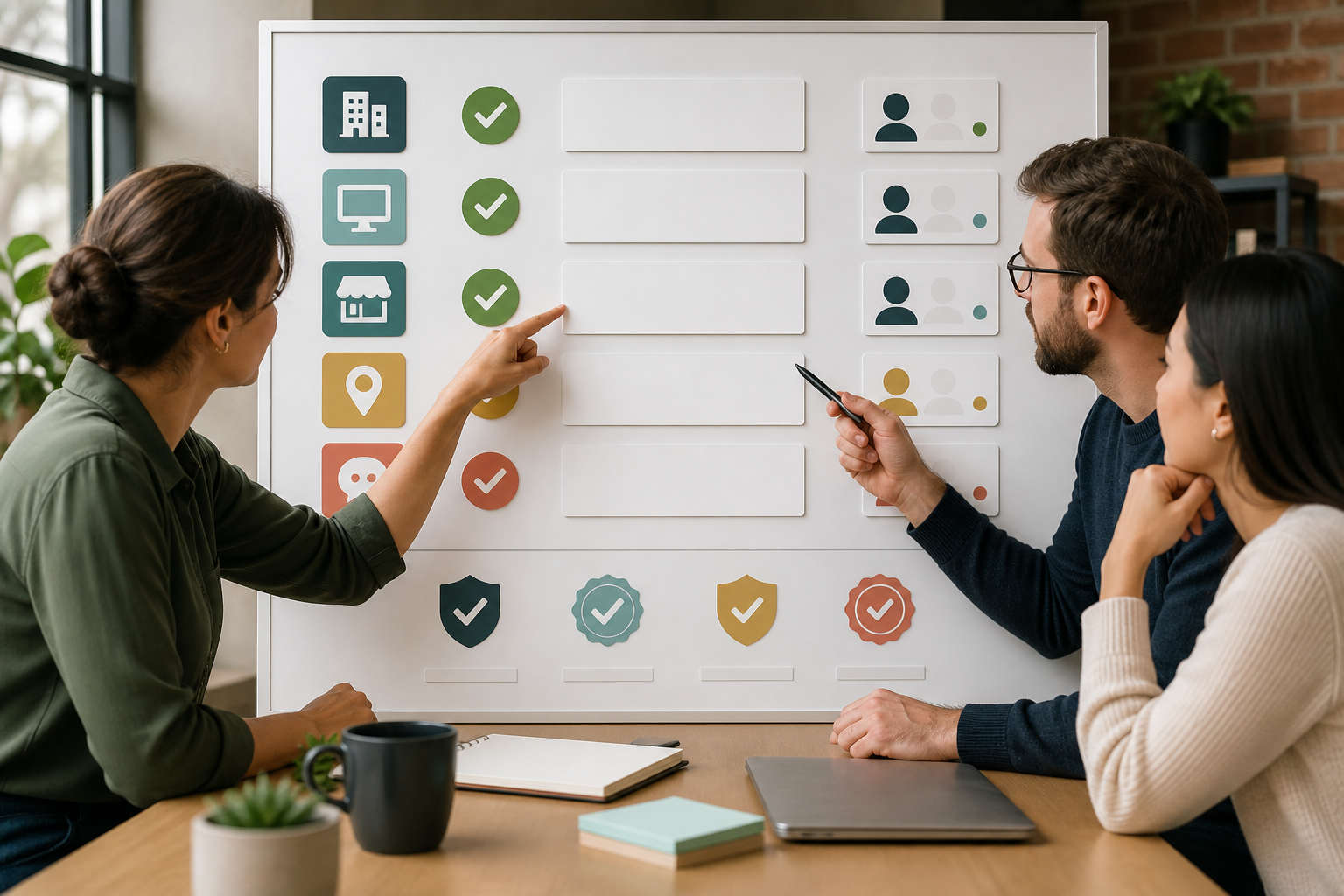 Small team reviewing a blank entity consistency checklist with service, location, and proof icons