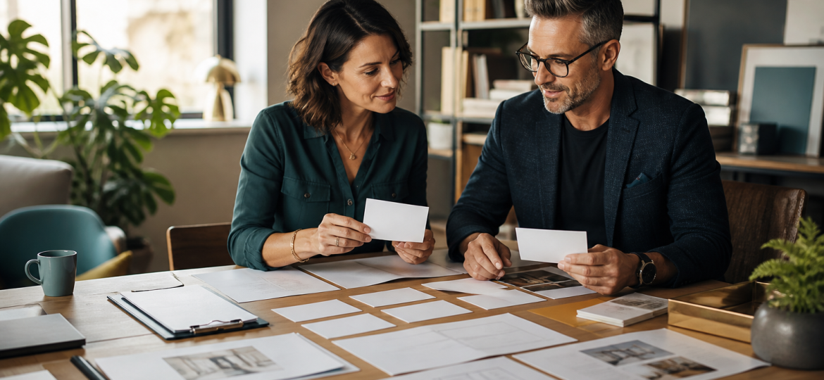Small business owner and advisor organizing blank evidence cards for AI Overview-ready service content