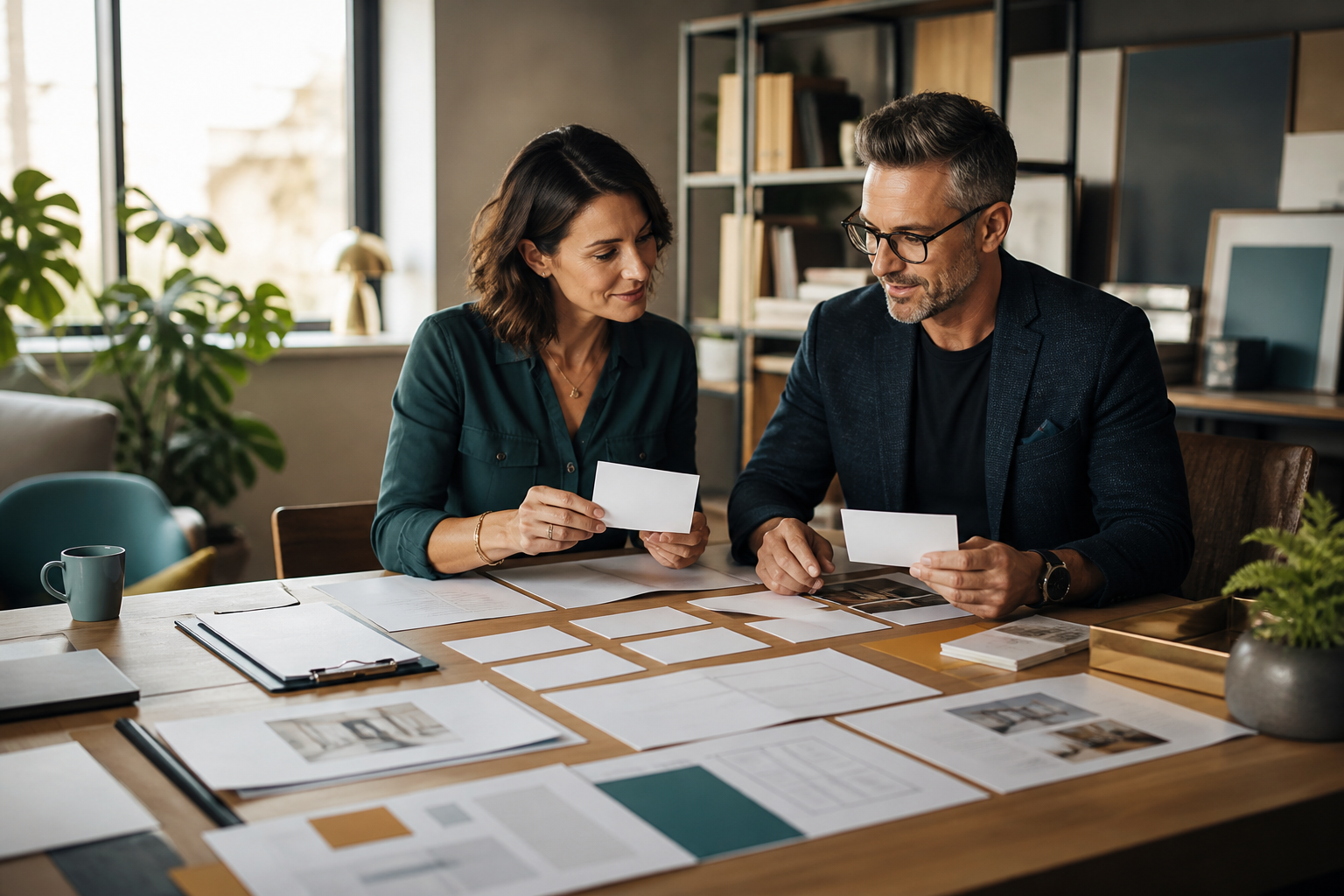 Small business owner and advisor organizing blank evidence cards for AI Overview-ready service content