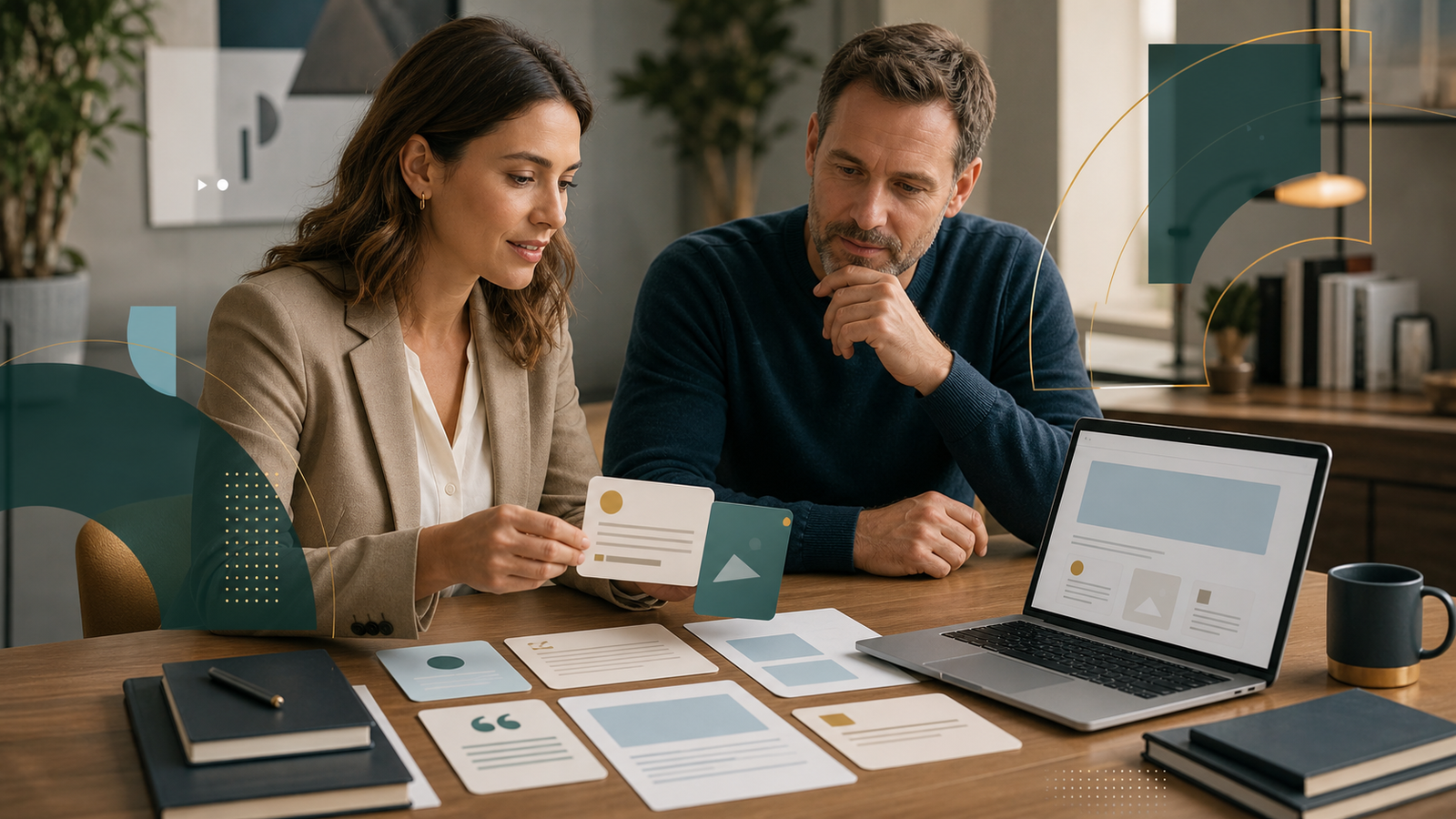Consultant and business owner reviewing blank evidence cards that support a website page