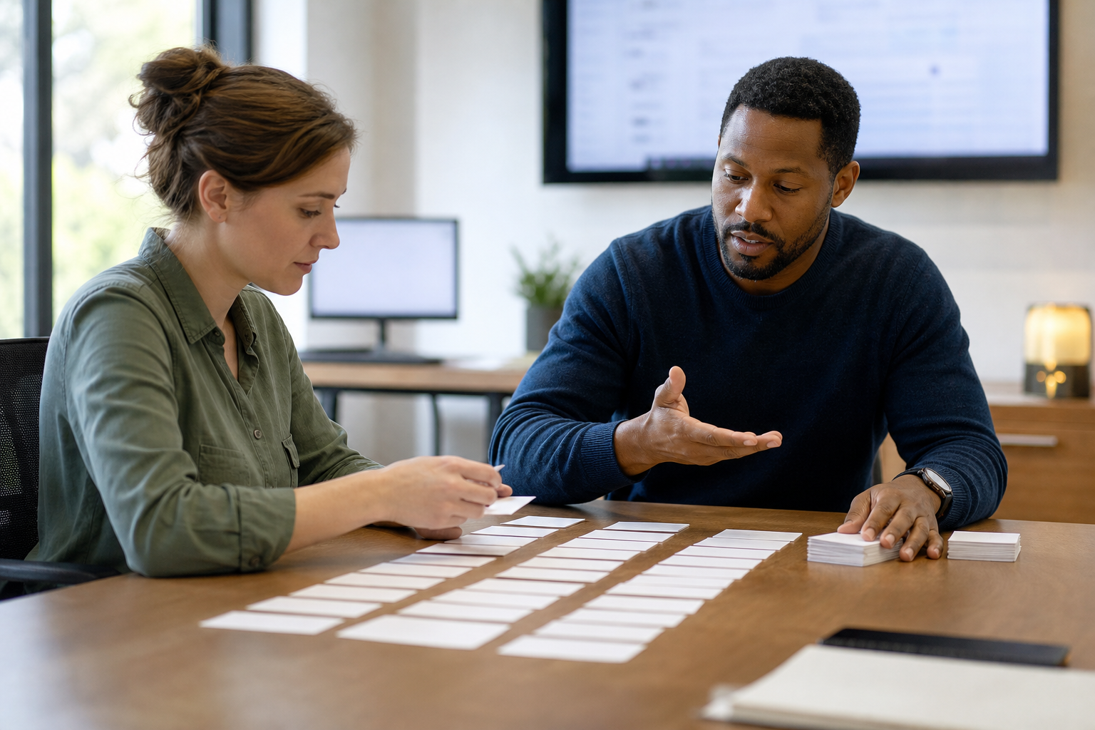 Small business operations team separating routine workflow items from exceptions for human review
