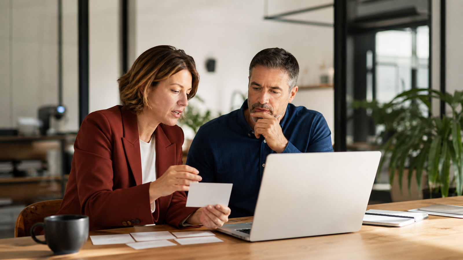Small business owner and advisor reviewing customer questions for an AI-search-ready FAQ page