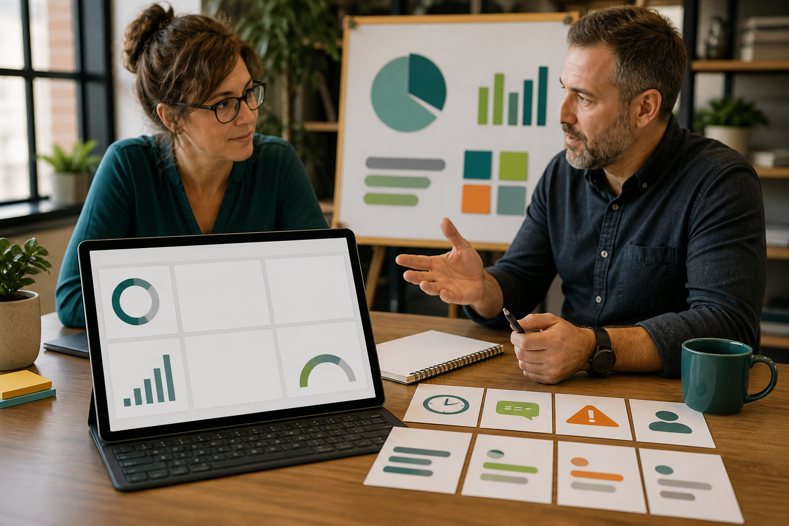 Professional services firm owner scoring workflow impact with blank cards and a laptop