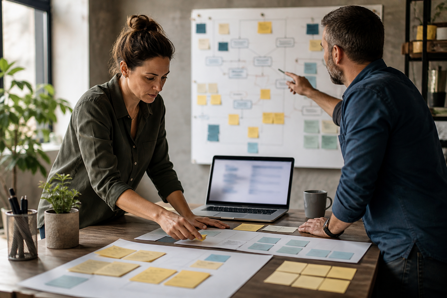 Small business owner and operations lead mapping repeated workflows before choosing an AI automation pilot