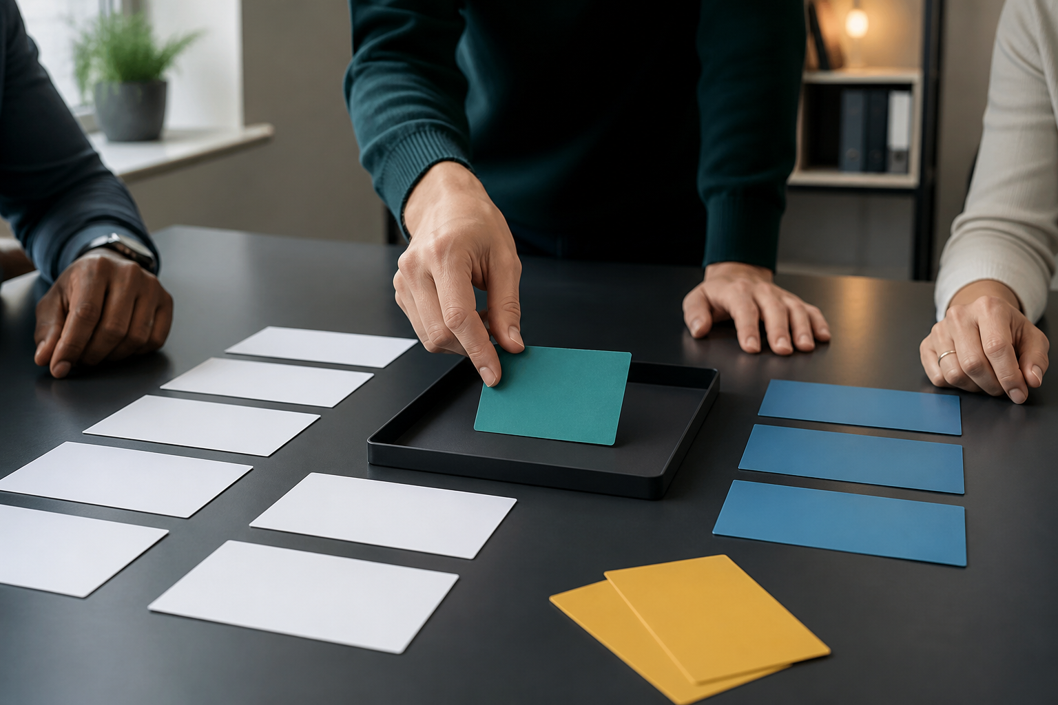 Small business team selecting one blank workflow card as the first AI pilot