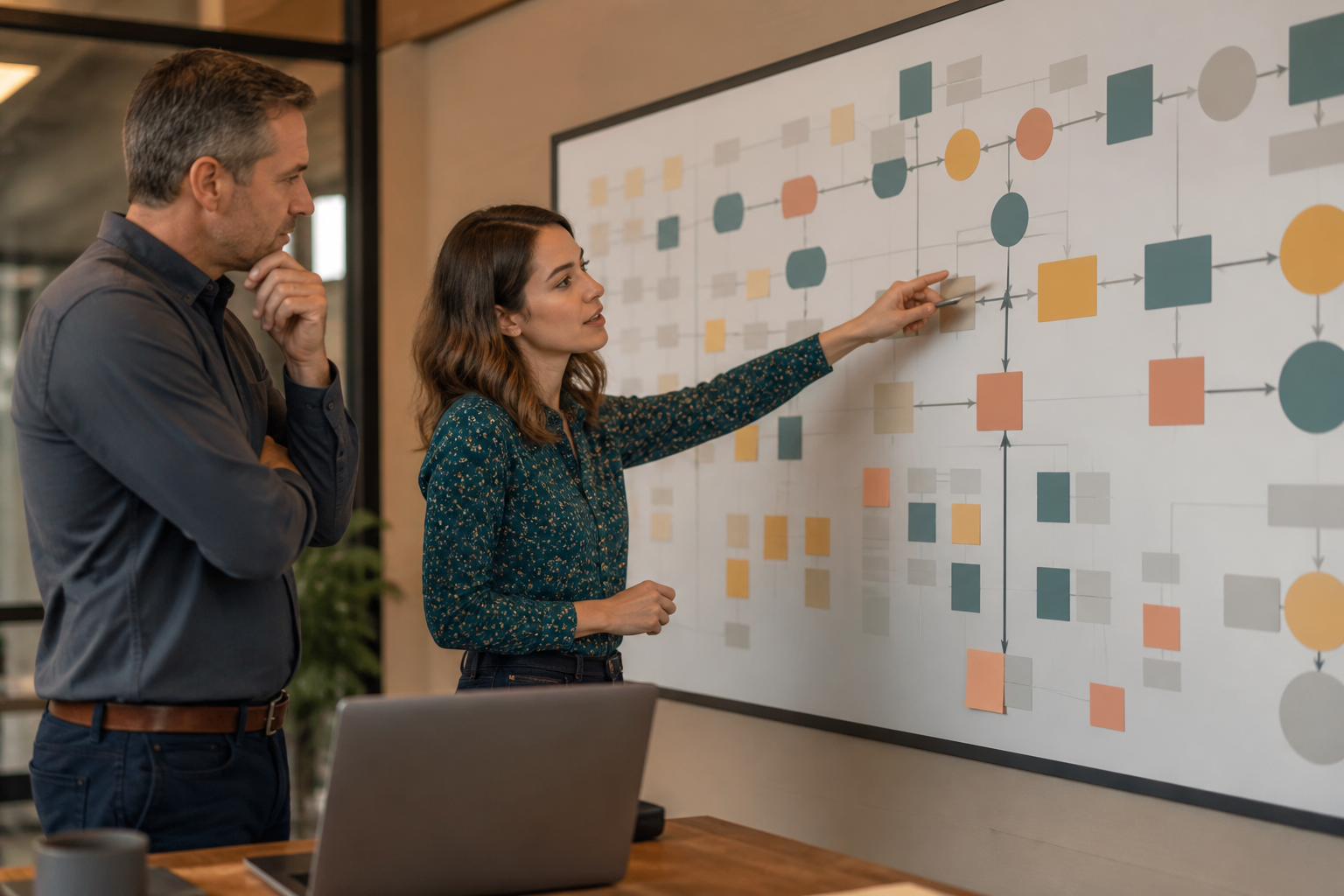 Small business owner and operations lead choosing a first AI automation pilot from a text-free workflow map