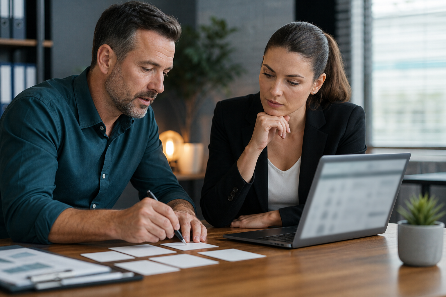 Small business owner and sales coordinator reviewing repeated follow-up work with blank cards and blurred screens