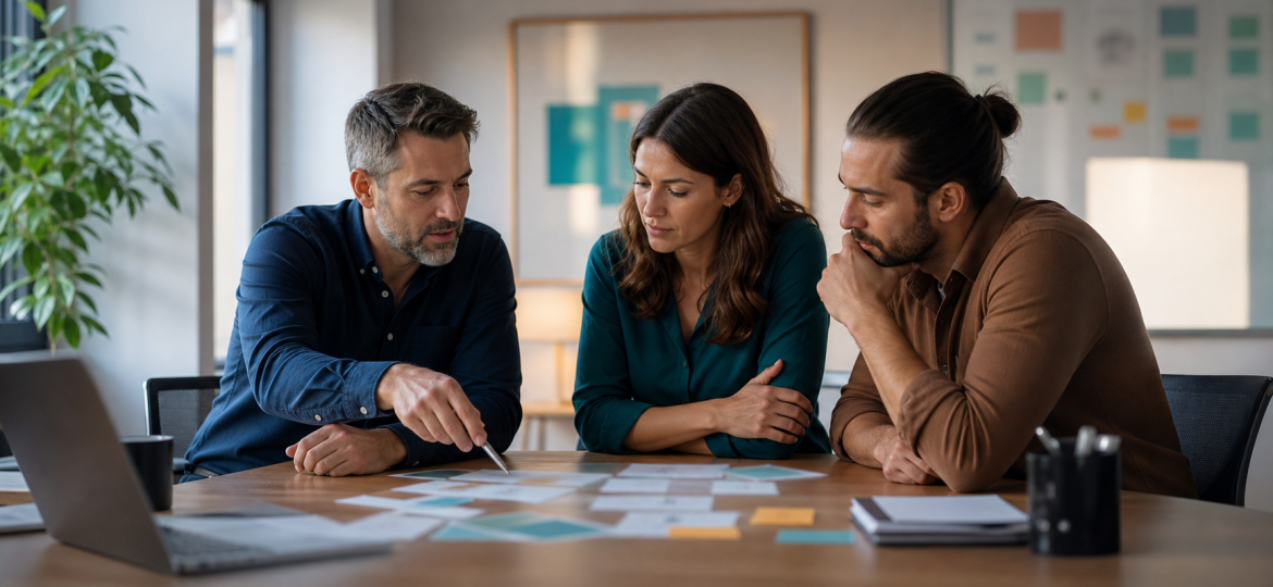 Small business owner and AI automation consultant reviewing workflows during a Full AI Business Assessment