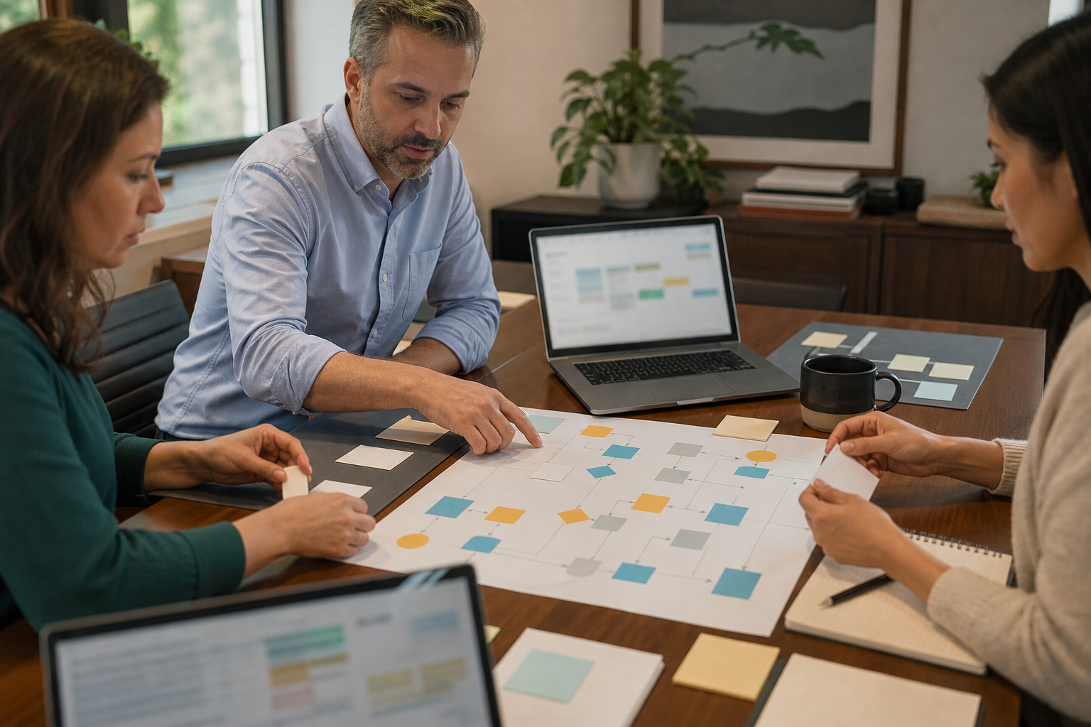 Consultant and small business team mapping workflows during a Full AI Business Assessment