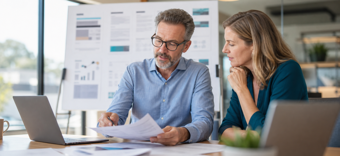 Small business owner and advisor reviewing a generative engine optimization consulting plan