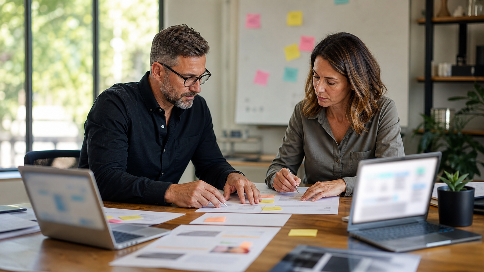 Small business owner and consultant planning a practical GEO article structure for AI search visibility