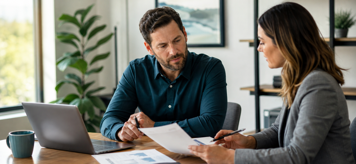 Small business owner and advisor reviewing GEO cost and AI search visibility budget options