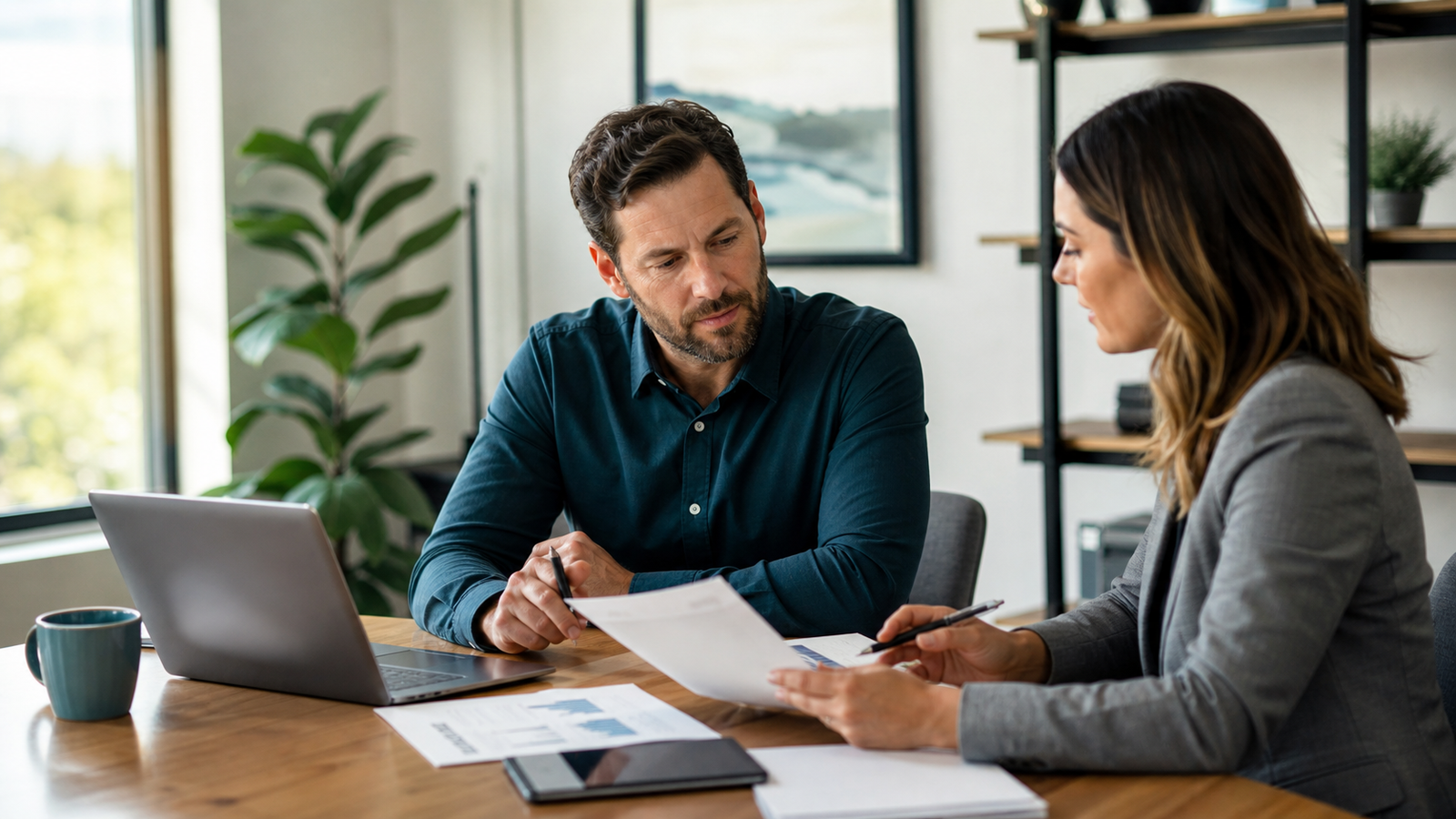 Small business owner and advisor reviewing GEO cost and AI search visibility budget options