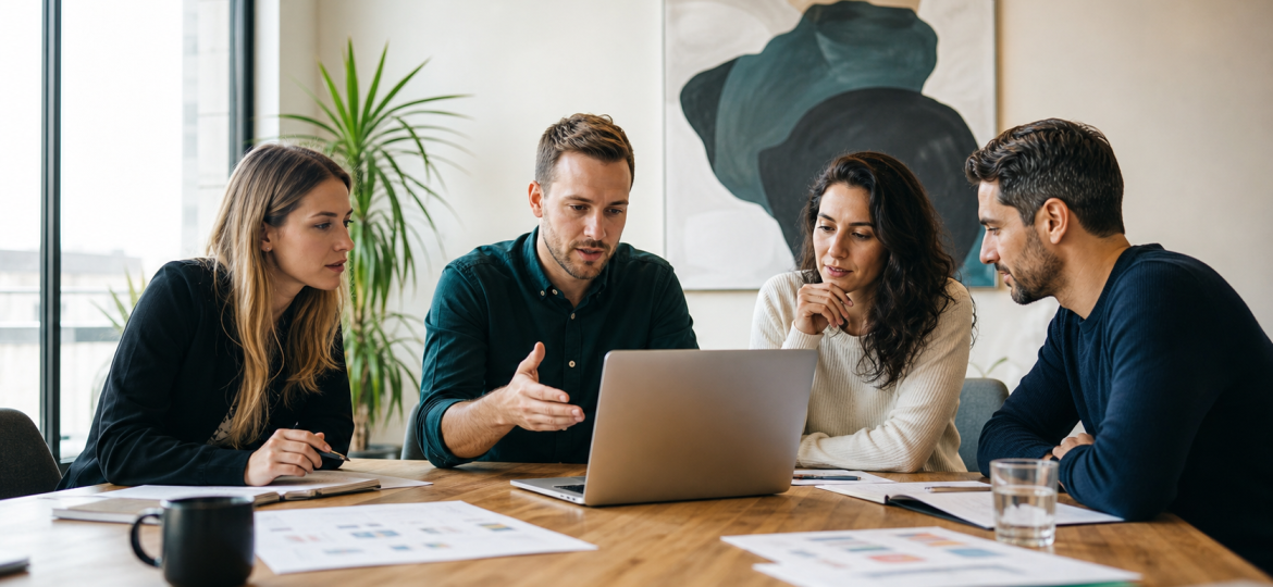 Agency team reviewing client AI search visibility strategy in a modern conference room