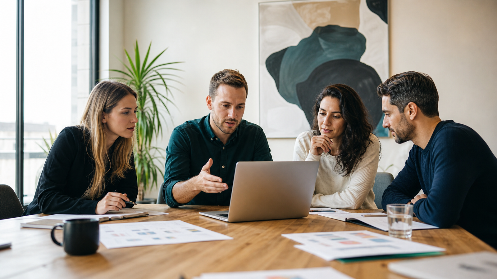 Agency team reviewing client AI search visibility strategy in a modern conference room